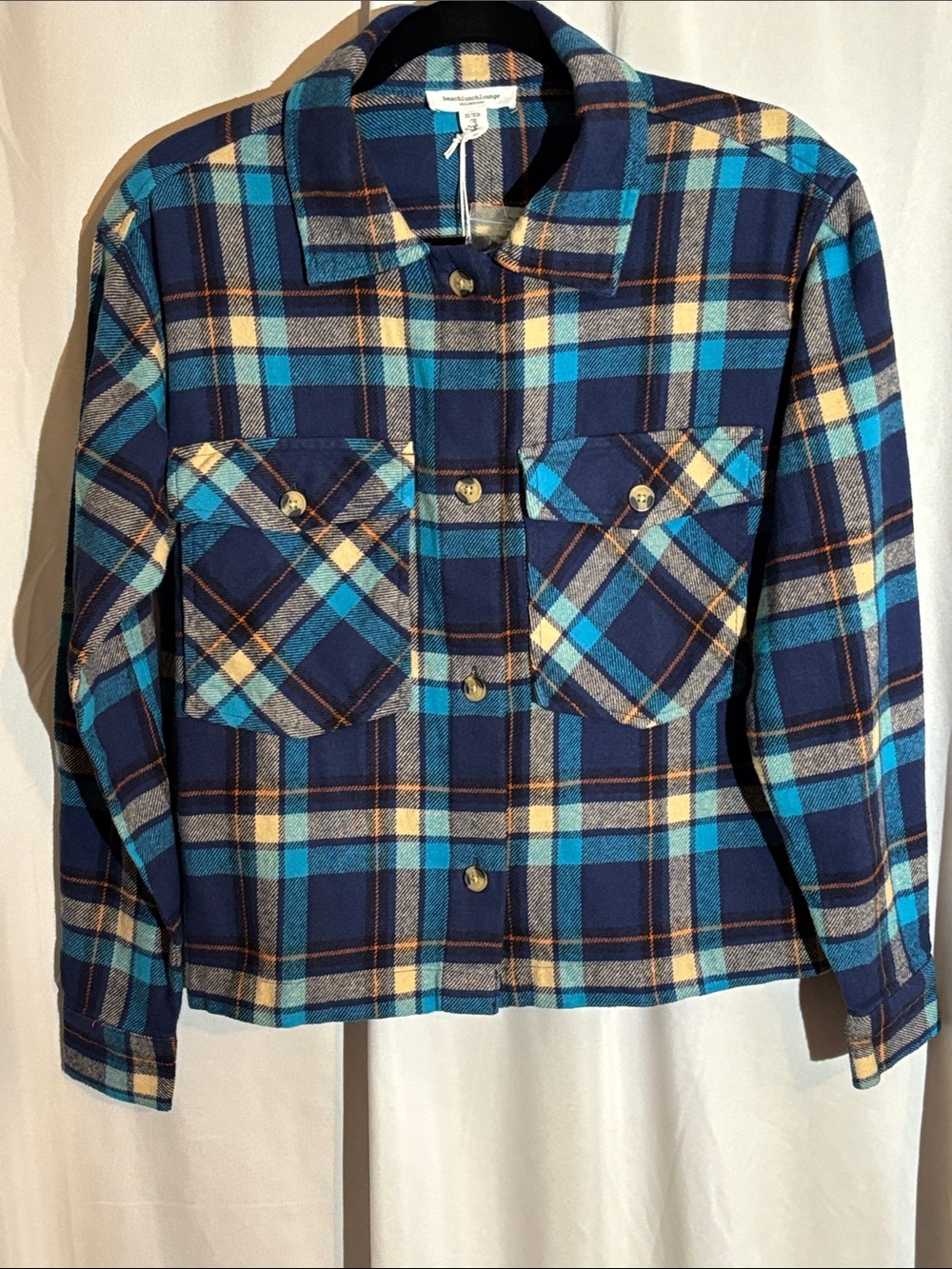 NWT beachlunchlounge Plaid Button-Up “Ella”  Jacket - Blue/Teal/Orange - Size XS